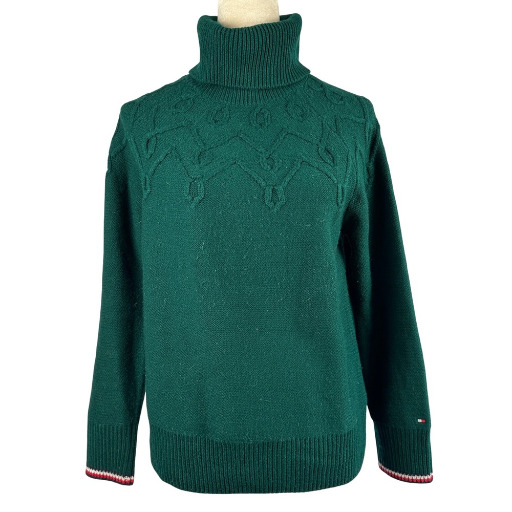 Tommy Hilfiger Green Turtleneck Sweater Cable Knit Long Sleeve‎ Women Medium